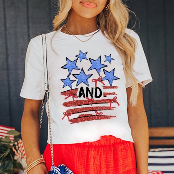 B286 White Patriotic Stars and Stripes Bow Graphic T Shirt - Picture 1 of 6